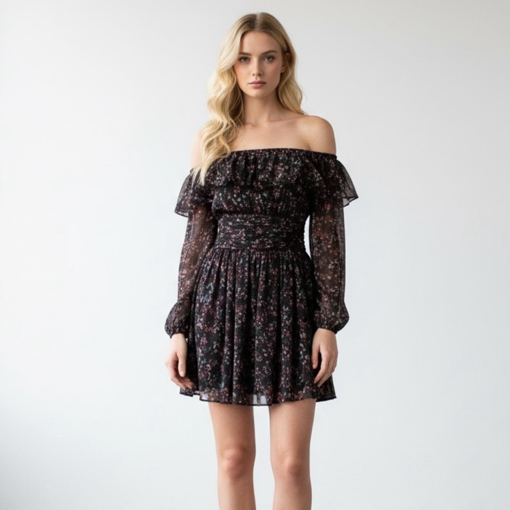 Urban Outfitters Elaine Long Sleeve Off Shoulder Black‎ with Pink Flowers Dress